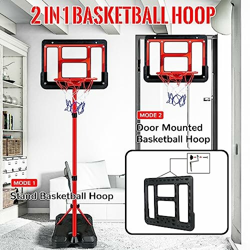 2-in-1 basketball hoop showing stand and door mounted options.