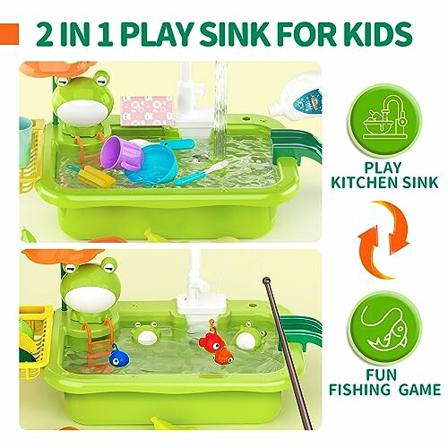2-in-1 play sink for kids with kitchen and fishing game features