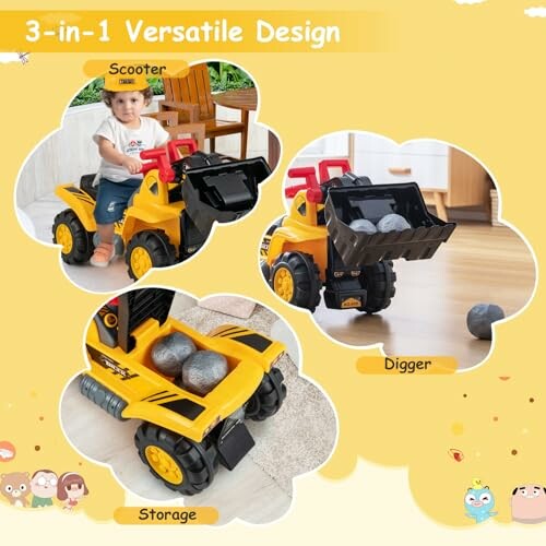 Children's 3-in-1 construction toy with scooter, digger, and storage features.