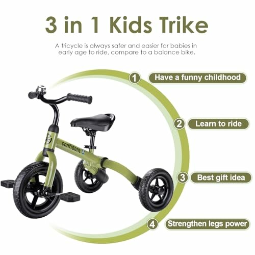 Green 3-in-1 kids trike with benefits highlighted.