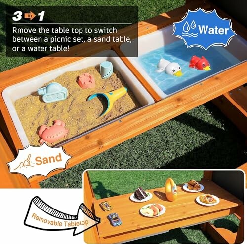 3-in-1 picnic table with sand and water compartments and removable tabletop.