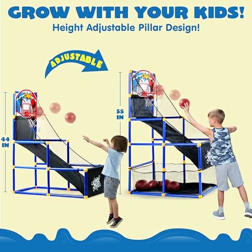 Height adjustable basketball hoop for kids with two children playing.