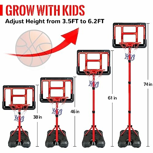 Adjustable basketball hoop with heights from 3.5ft to 6.2ft.
