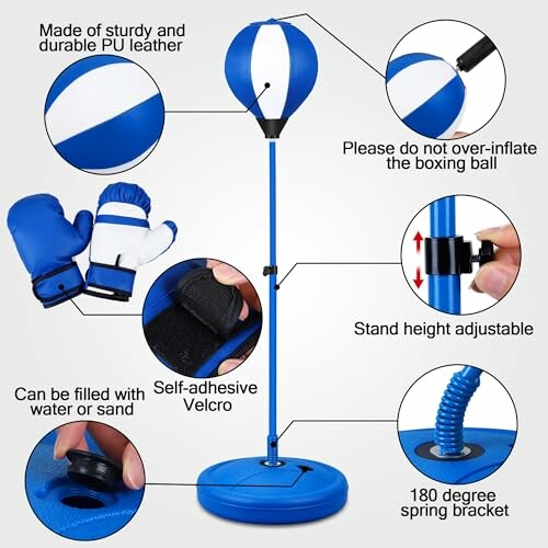 Adjustable boxing ball stand with blue gloves and features highlighted.