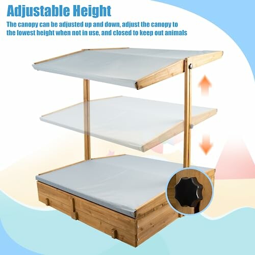 Adjustable wooden canopy with multiple height settings.