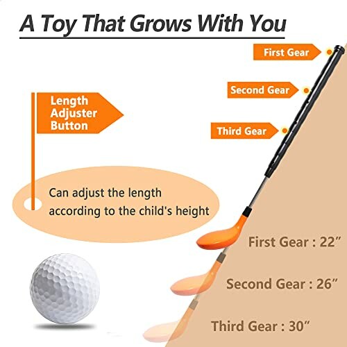 Adjustable toy golf club with three length settings for kids.