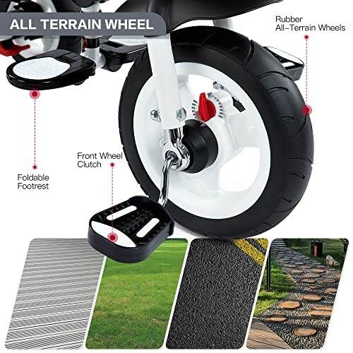 All-terrain wheel with rubber tires, front wheel clutch, and foldable footrest.
