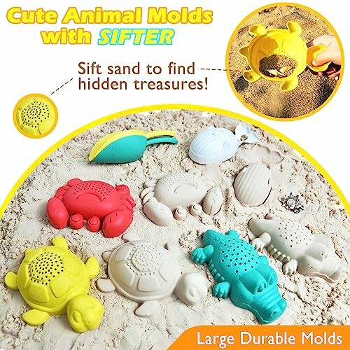 Colorful animal-shaped sand molds with sifters on sand.