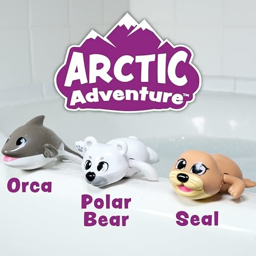 Toy animals in a bathtub featuring an orca, polar bear, and seal with 'Arctic Adventure' text.
