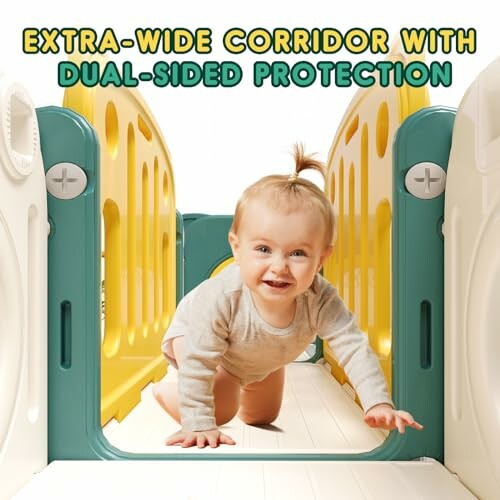 Baby crawling through extra-wide corridor playpen.