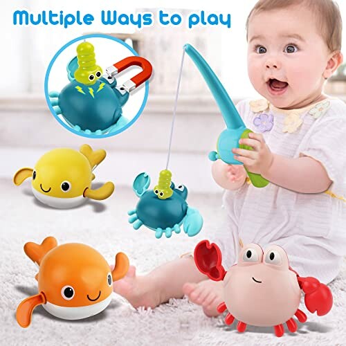 Baby playing with fishing toy set featuring colorful sea creatures.