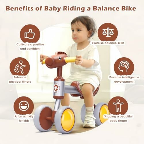 Toddler on a balance bike with icons highlighting benefits like confidence, balance skills, physical fitness, intelligence development, fun, and body shape.