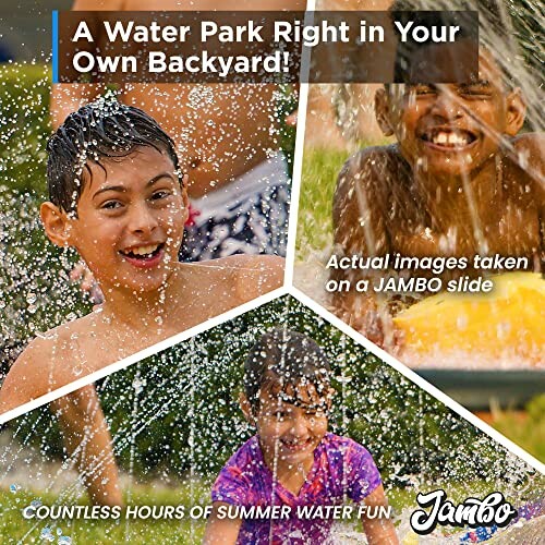 Children playing and smiling on a backyard water slide.