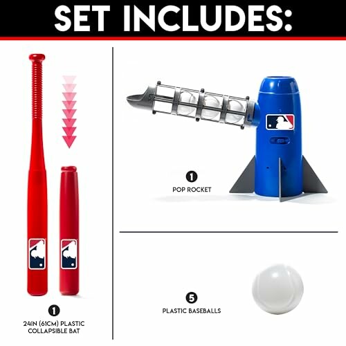 Baseball toy set includes pop rocket, collapsible bat, and plastic baseballs.