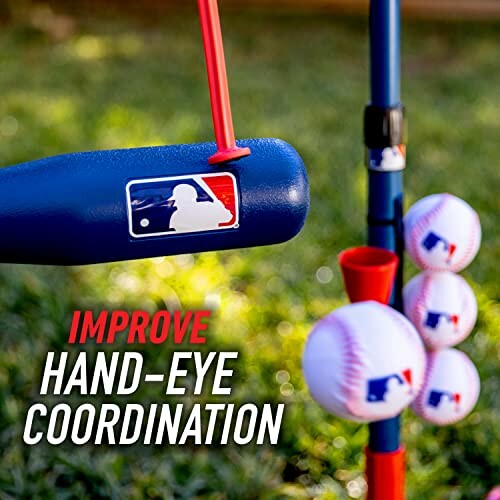 Baseball training equipment with MLB logo and text 'Improve Hand-Eye Coordination'.