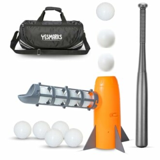 Baseball training set with pitching machine, bat, balls, and bag.