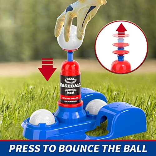 Baseball training toy with ball and lever mechanism on grass