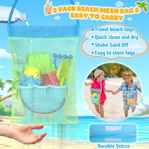 Beach mesh bag for carrying toys with children playing.
