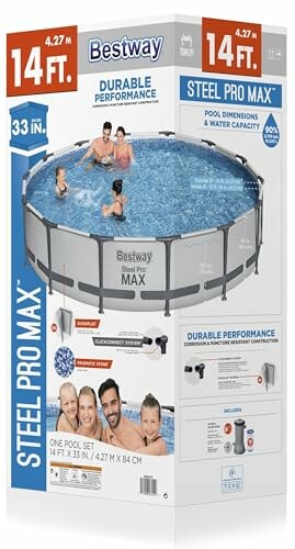 Bestway Steel Pro Max 14ft pool packaging with people swimming.