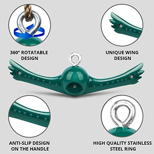 Green bird-shaped pet chew toy with rotatable wing design and stainless steel ring.