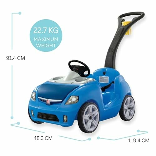 Blue push car for kids with handle and maximum weight capacity of 22.7 kg.