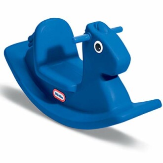 Blue plastic rocking horse toy for children.