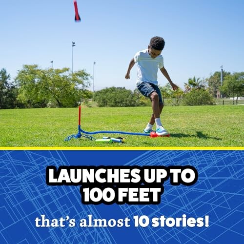 Child launching toy rocket outdoors, captioned 'Launches up to 100 feet, that’s almost 10 stories!'