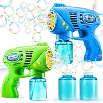 Green and blue bubble guns with bubble solution bottles.