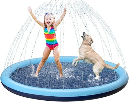 Child and dog playing in a splash pad.