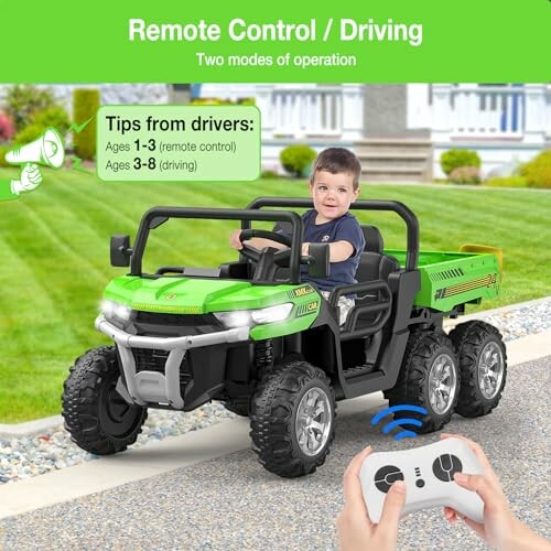 Child in a green toy car with remote control option.