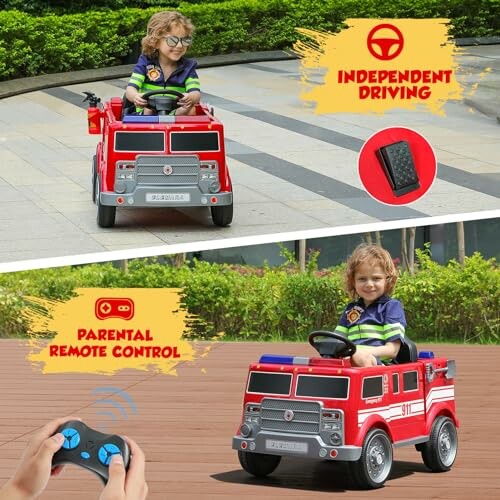 Child driving a red electric fire truck toy with remote control option.