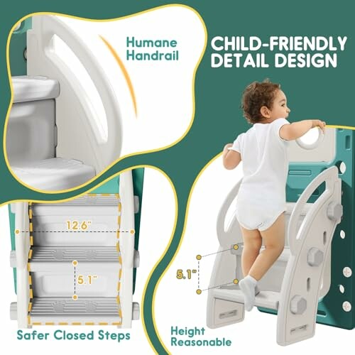 Child using a slide with child-friendly design features like closed steps and handrail.