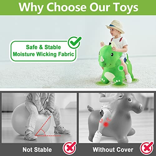 Child sitting on a green dinosaur toy with text highlighting safe and stable moisture wicking fabric.