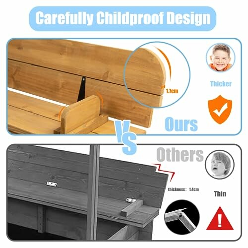 Comparison of childproof bench design showing thicker wood and safety features.
