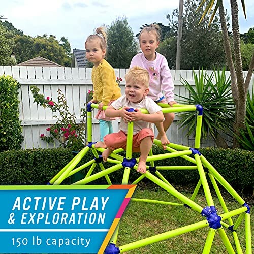 Three children playing on a climbing dome in a backyard.