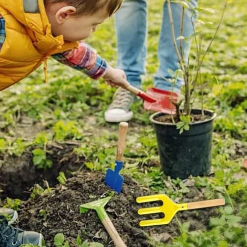 Children gardening with tools and a potted plant.