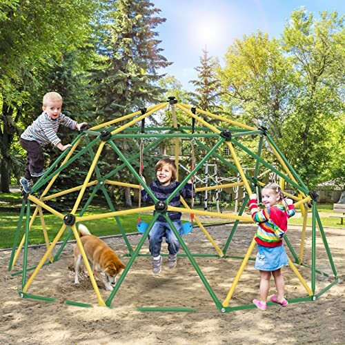 Children and a dog playing on a colorful geodesic dome in a park.