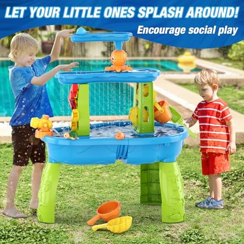 Children playing with a water activity table outdoors.