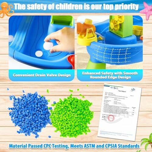 Children's water table with safety features and certification.