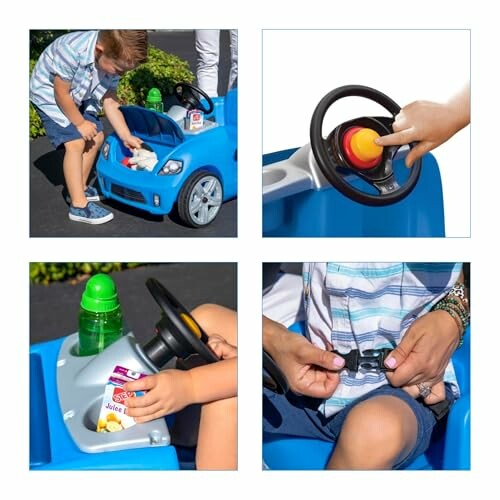 Child playing with a blue ride-on car, steering wheel, and safety buckle.