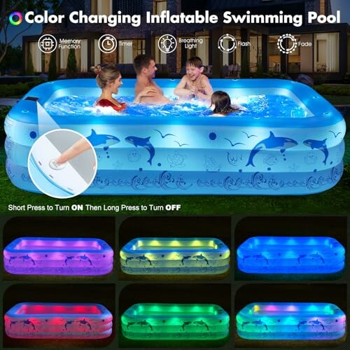 Color changing inflatable swimming pool with LED lights and dolphin design.