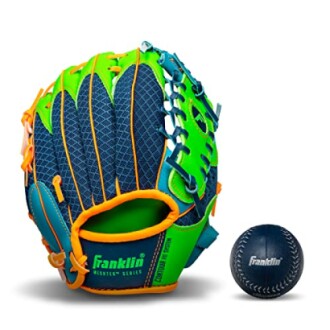 Colorful baseball glove with a ball.