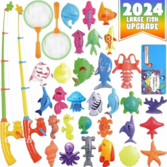 Colorful fishing toy set with nets, rods, and various sea animals.
