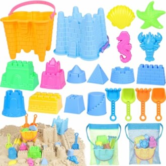 Colorful sandcastle molds and tools set.