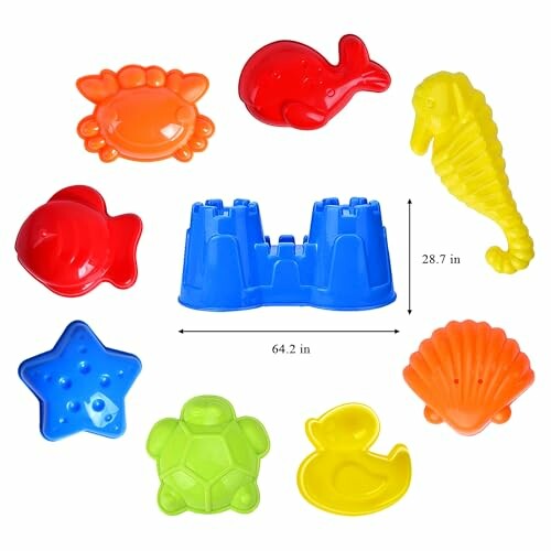 Colorful sand molds of sea creatures and castle.
