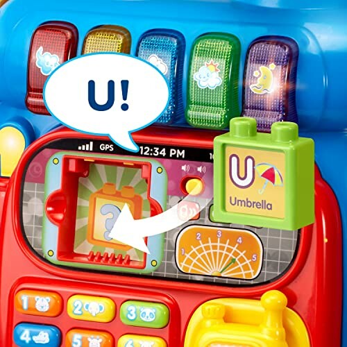Colorful toy with alphabet block and interactive features.