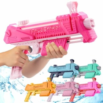Hand holding pink water gun with assorted colorful water guns.