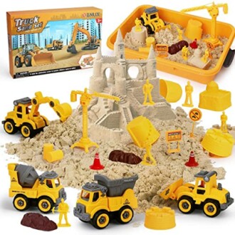 Construction sand toy set with trucks and castle.
