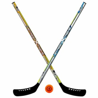 Two crossed hockey sticks with an orange puck