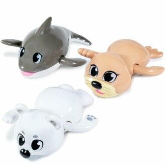 Three cute animal bath toys including a shark, a seal, and a polar bear.